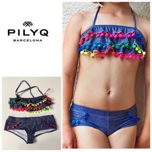 New. Pilyq denim sparkly Pom Pom bikini.